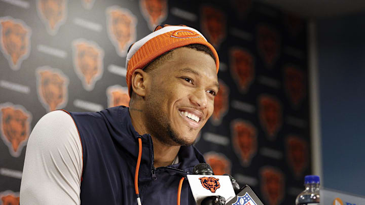 Jun 3, 2025; Lake Forest, IL, USA; Chicago Bears wide receiver DJ Moore (2) speaks during minicamp at Halas Hall. Mandatory Credit: Kamil Krzaczynski-Imagn Images