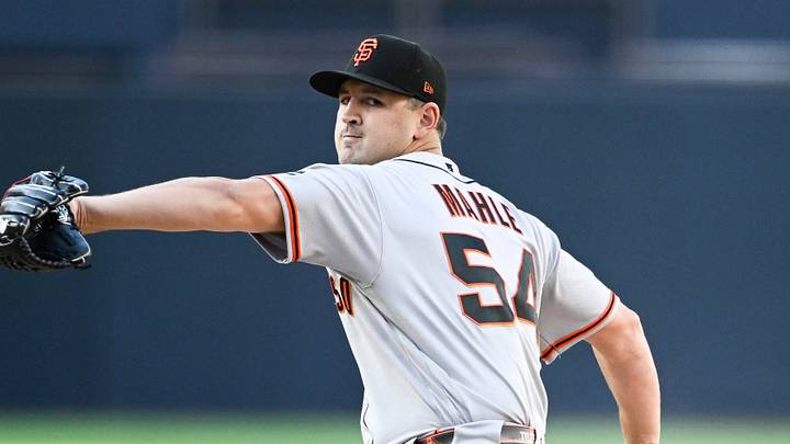 Aug 1, 2026; San Diego, California, USA; San Francisco Giants pitcher Tyler Mahle (54) throws a pitch during the first inning against the San Diego Padres at Petco Park. Mandatory Credit: Denis Poroy-Imagn Images