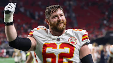 Sep 22, 2024; Atlanta, Georgia, USA; Kansas City Chiefs guard Joe Thuney (62) celebrates after a victory over the Atlanta Falcons at Mercedes-Benz Stadium. Mandatory Credit: Brett Davis-Imagn Images