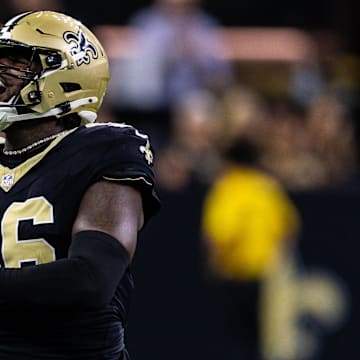 Aug 23, 2025; New Orleans, Louisiana, USA; New Orleans Saints defensive end Carl Granderson (96) reacts to a play against the Denver Broncos during the first half at Caesars Superdome. Mandatory Credit: Stephen Lew-Imagn Images