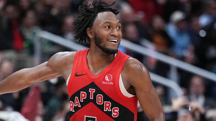 Feb 4, 2026; Toronto, Ontario, CAN; Toronto Raptors guard Immanuel Quickley (5) reacts against the Minnesota Timberwolves during the third quarter at Scotiabank Arena. Mandatory Credit: Nick Turchiaro-Imagn Images