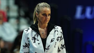Becky Hammon coaches the Aces' game against the Sun, two days before star A'ja Wilson's injury.