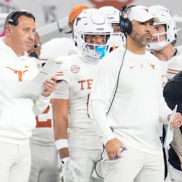 Texas Longhorns head coach Steve Sarkisian watches from the sideline during the first half of the Cotton Bowl Classic College Football Playoff semifinal game against the Ohio State Buckeyes at AT&T Stadium in Arlington, Texas on Jan. 10, 2025.