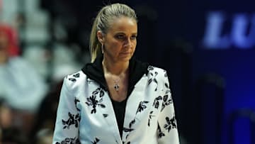 Jul 6, 2025; Uncasville, Connecticut, USA; Las Vegas Aces head coach Becky Hammon watches from the sideline as they take on the Connecticut Sun at Mohegan Sun Arena. Mandatory Credit: David Butler II-Imagn Images