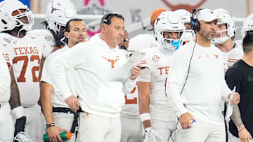 Texas Longhorns head coach Steve Sarkisian watches from the sideline during the first half of the Cotton Bowl Classic College Football Playoff semifinal game against the Ohio State Buckeyes at AT&T Stadium in Arlington, Texas on Jan. 10, 2025.