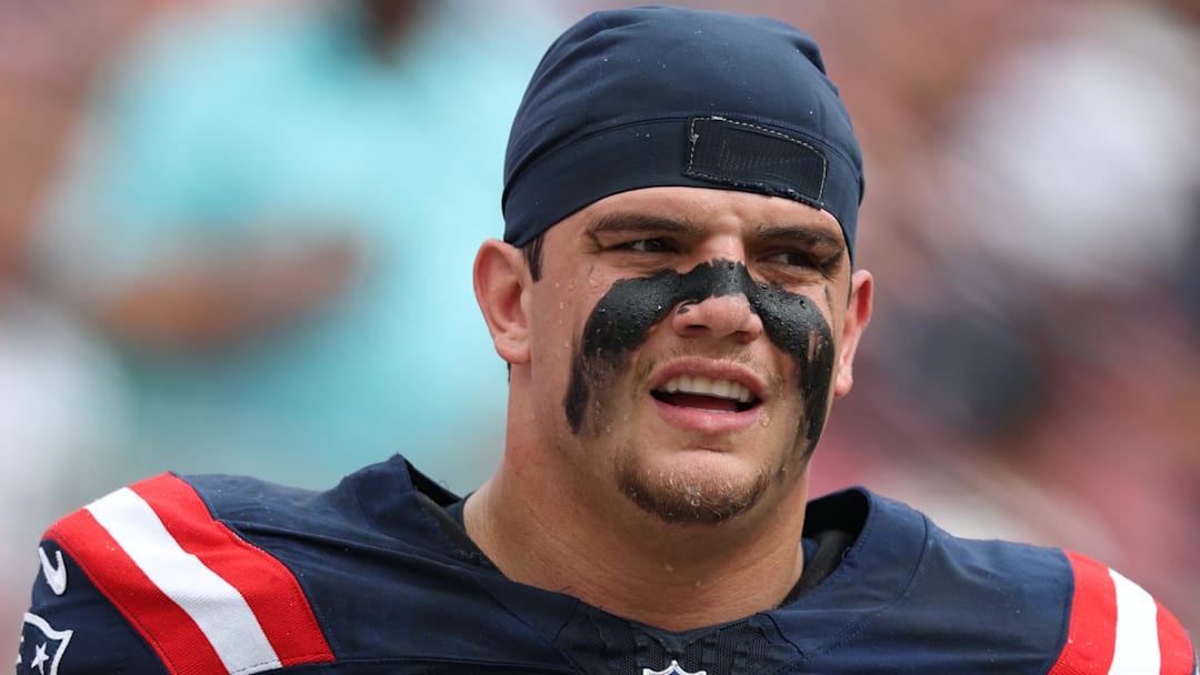 Nov 9, 2025; Tampa, Florida, USA; New England Patriots offensive tackle Will Campbell (66) warms up before a game against the Tampa Bay Buccaneers at Raymond James Stadium. Mandatory Credit: Nathan Ray Seebeck-Imagn Images