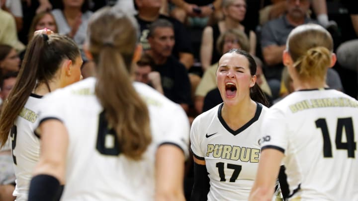 Purdue's Eva Hudson celebrates after a play