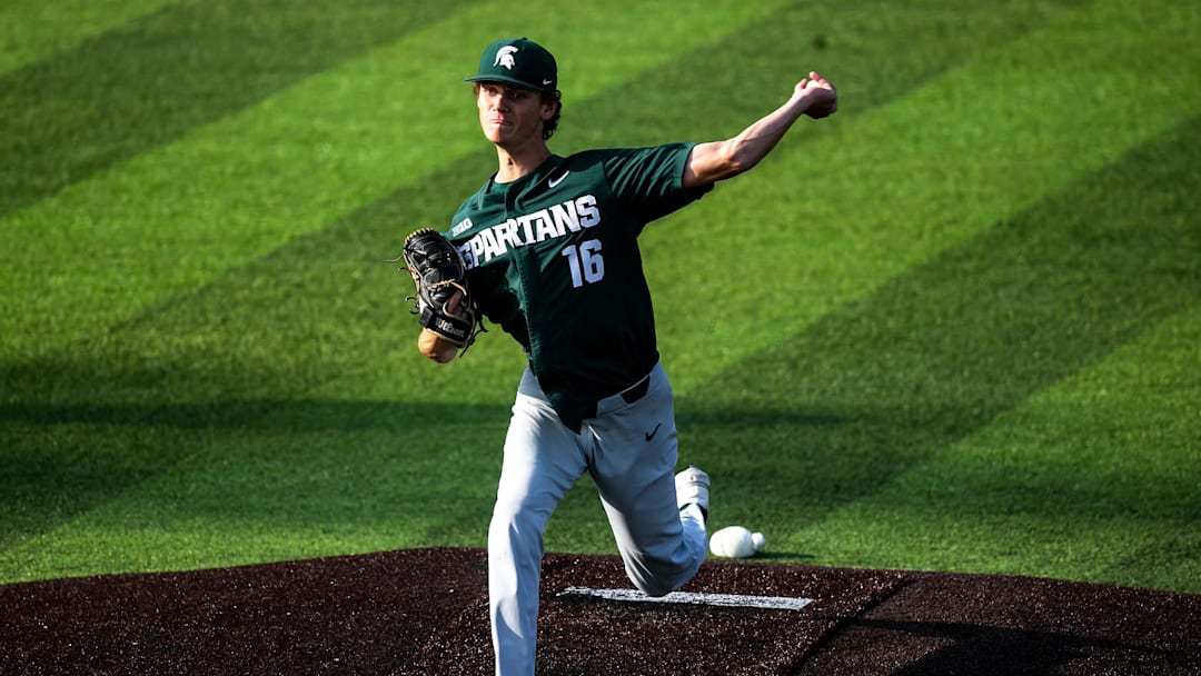 Michigan State's Joseph Dzierwa delivers a pitch during a NCAA Big Ten Conference baseball game against Iowa, Friday, May 12, 2023, at Duane Banks Field in Iowa City, Iowa.