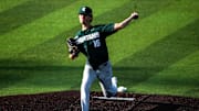 Michigan State's Joseph Dzierwa delivers a pitch during a NCAA Big Ten Conference baseball game against Iowa, Friday, May 12, 2023, at Duane Banks Field in Iowa City, Iowa.