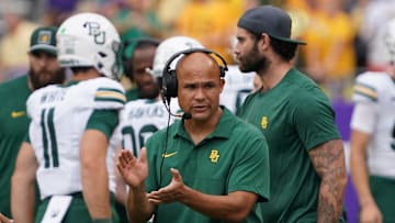 Oct 18, 2025; Fort Worth, Texas, USA; Baylor Bears head coach Dave Aranda looks on from the sidelines during the second half of a game against the TCU Horned Frogs at Amon G. Carter Stadium. Mandatory Credit: Raymond Carlin III-Imagn Images