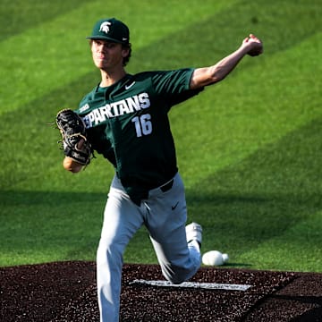 Michigan State's Joseph Dzierwa delivers a pitch during a NCAA Big Ten Conference baseball game against Iowa, Friday, May 12, 2023, at Duane Banks Field in Iowa City, Iowa.