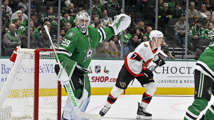 Dec 15, 2023; Dallas, Texas, USA; Dallas Stars goaltender Jake Oettinger (29) motions to the Stars