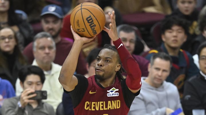 Dec 1, 2024; Cleveland, Ohio, USA; Cleveland Cavaliers guard Darius Garland (10) shoots in the third quarter against the Boston Celtics at Rocket Mortgage FieldHouse. Mandatory Credit: David Richard-Imagn Images
