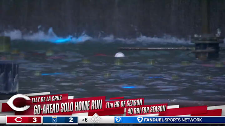 An Elly De La Cruz home run floats in the Kauffman Stadium fountain. An Elly De La Cruz home run floats in the Kauffman Stadium fountain.