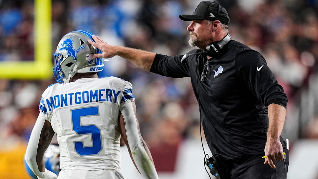 Detroit Lions head coach Dan Campbell celebrates a two-point conversion against the Washington Commanders scored by running back David Montgomery (5) during the first half at Northwest Stadium in Landover, Md. on Sunday, November 9, 2025.