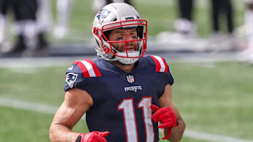 Sep 27, 2020; Foxborough, Massachusetts, USA; New England Patriots receiver Julian Edelman (11) reacts during the first half against the Las Vegas Raiders at Gillette Stadium. Mandatory Credit: Paul Rutherford-Imagn Images