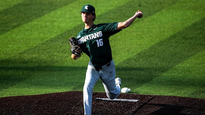 Michigan State's Joseph Dzierwa delivers a pitch during a NCAA Big Ten Conference baseball game against Iowa, Friday, May 12, 2023, at Duane Banks Field in Iowa City, Iowa. Michigan State's Joseph Dzierwa delivers a pitch during a NCAA Big Ten Conference baseball game against Iowa, Friday, May 12, 2023, at Duane Banks Field in Iowa City, Iowa.