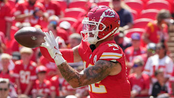 Aug 17, 2024; Kansas City, Missouri, USA; Kansas City Chiefs tight end Jared Wiley (12) warms up against the Detroit Lions prior to the game at GEHA Field at Arrowhead Stadium. Mandatory Credit: Denny Medley-Imagn Images