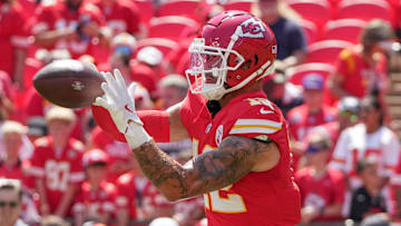 Aug 17, 2024; Kansas City, Missouri, USA; Kansas City Chiefs tight end Jared Wiley (12) warms up against the Detroit Lions prior to the game at GEHA Field at Arrowhead Stadium. Mandatory Credit: Denny Medley-Imagn Images