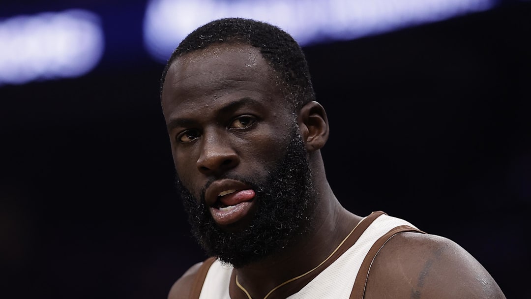 Feb 9, 2026; San Francisco, California, USA; Golden State Warriors forward Draymond Green (23) between plays against the Memphis Grizzlies during the second quarter at Chase Center. Mandatory Credit: Kelley L Cox-Imagn Images
