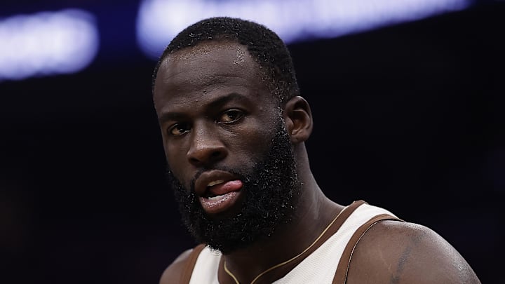 Feb 9, 2026; San Francisco, California, USA; Golden State Warriors forward Draymond Green (23) between plays against the Memphis Grizzlies during the second quarter at Chase Center. Mandatory Credit: Kelley L Cox-Imagn Images