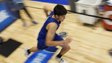 May 13, 2025; Chicago, Il, USA; Egor Demin (80) participates in the 2025 NBA Draft Combine at Wintrust Arena. Mandatory Credit: David Banks-Imagn Images
