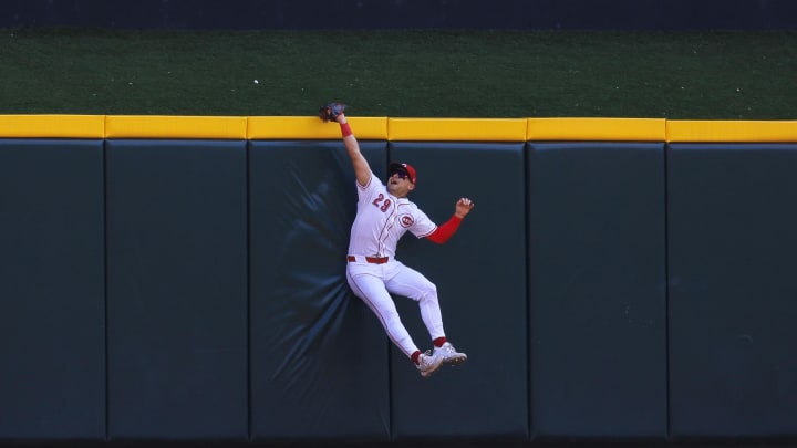 Aug 30, 2024; Cincinnati, Ohio, USA; Cincinnati Reds outfielder TJ Friedl (29) catches a fly out hit by Milwaukee Brewers first baseman Rhys Hoskins (not pictured) in the third inning at Great American Ball Park. Mandatory Credit: Katie Stratman-USA TODAY Sports