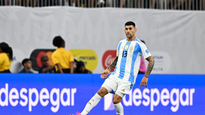 Jul 4, 2024; Houston, TX, USA; Argentina's defender Cristian Romero (13) looks to pass the ball during the first half against Ecuador.