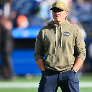 Nov 9, 2025; Seattle, Washington, USA; Seattle Seahawks head coach Mike Macdonald looks on before the game against the Arizona Cardinals at Lumen Field. 