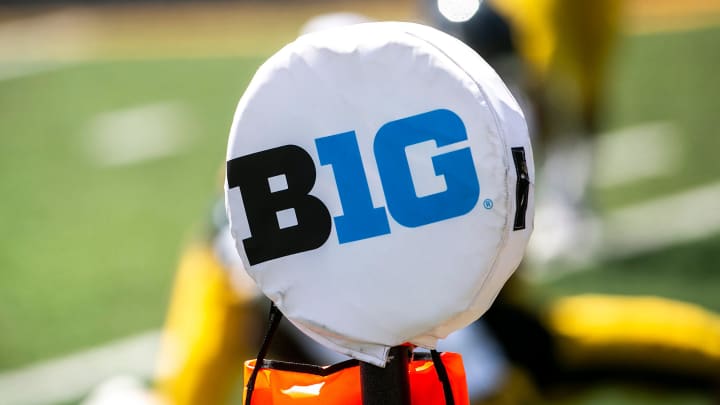 The logo of the Big Ten Conference is seen on a yard marker during Iowa Hawkeyes football Kids Day at Kinnick open practice, Saturday, Aug. 14, 2021, at Kinnick Stadium in Iowa City, Iowa.

210814 Ia Fb Kids Day 109 Jpg