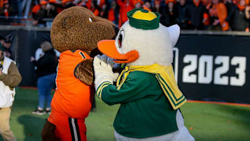 The Oregon Duck and Benny the Beaver have a pillowfight on the turf as the No. 9 Oregon Ducks take on the No. 21 Oregon State Beavers at Reser Stadium in Corvallis, Ore. Saturday, Nov. 26, 2022.

Ncaa Football Uo Vs Osu Rivalry Game University Of Oregon At Oregon State