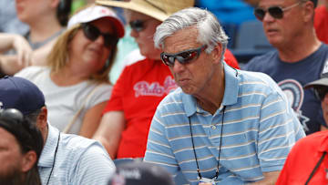 Mar 31, 2022; Clearwater, Florida, USA; Philadelphia Phillies president of baseball operations Dave Dombrowski looks on from the stands in a game against the New York Yankees during spring training at BayCare Ballpark.