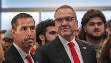 Wisconsin   s new head football coach Luke Fickell, left is shown with athletic director Chris McIntosh at a welcome event November 28, 2022 at Camp Randall Stadium in Madison. He was previously head coach for six seasons at Cincinnati.