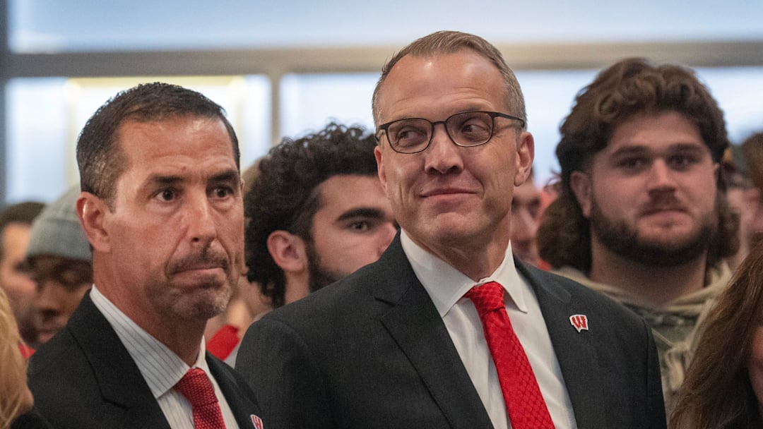 Wisconsin   s new head football coach Luke Fickell, left is shown with athletic director Chris McIntosh at a welcome event November 28, 2022 at Camp Randall Stadium in Madison. He was previously head coach for six seasons at Cincinnati.