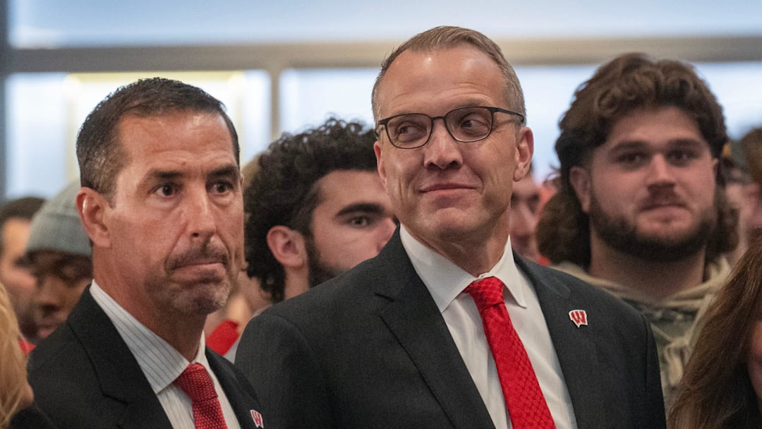 Wisconsin   s new head football coach Luke Fickell, left is shown with athletic director Chris McIntosh at a welcome event November 28, 2022 at Camp Randall Stadium in Madison. He was previously head coach for six seasons at Cincinnati.