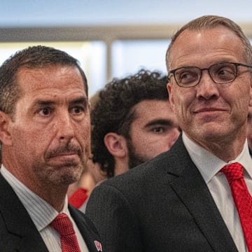 Wisconsin   s new head football coach Luke Fickell, left is shown with athletic director Chris McIntosh at a welcome event November 28, 2022 at Camp Randall Stadium in Madison. He was previously head coach for six seasons at Cincinnati.