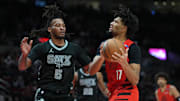 Apr 6, 2025; Portland, Oregon, USA: Portland Trail Blazers shooting guard Shaedon Sharpe (17) drives to the basket against San Antonio Spurs guard Stephon Castle (5) during the second half at Moda Center. Mandatory Credit: Soobum Im-Imagn Images