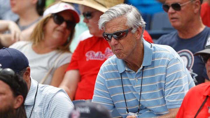 Mar 31, 2022; Clearwater, Florida, USA; Philadelphia Phillies president of baseball operations Dave Dombrowski looks on from the stands in a game against the New York Yankees during spring training at BayCare Ballpark. Mandatory Credit: Nathan Ray Seebeck-Imagn Images