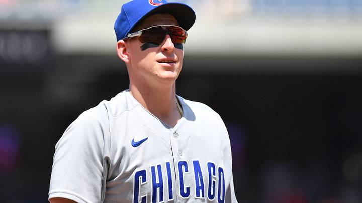 Jul 24, 2022; Philadelphia, Pennsylvania, USA; Chicago Cubs first baseman Frank Schwindel (18) against the Philadelphia Phillies at Citizens Bank Park. Mandatory Credit: Eric Hartline-USA TODAY Sports