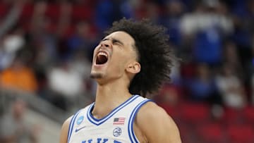 Mar 23, 2025; Raleigh, NC, USA; Duke Blue Devils guard Tyrese Proctor (5) reacts after a play against the Baylor Bears during the second half in the second round of the NCAA Tournament at Lenovo Center.  Mandatory Credit: Bob Donnan-Imagn Images