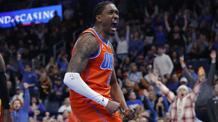 Dec 29, 2025; Oklahoma City, Oklahoma, USA; Oklahoma City Thunder guard Jalen Williams (8) screams after dunking against the Atlanta Hawks during the second half at Paycom Center. Mandatory Credit: Alonzo Adams-Imagn Images