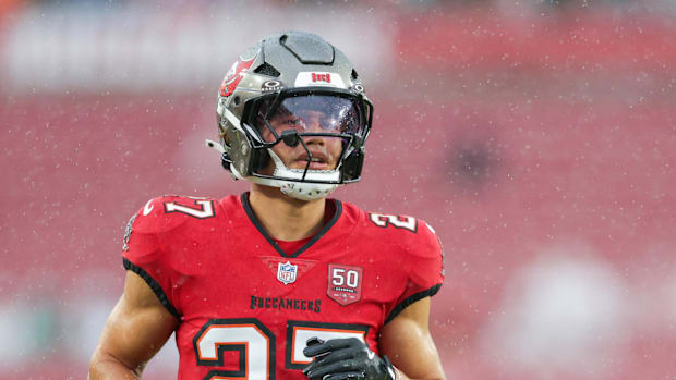Tampa Bay Buccaneers cornerback Zyon McCollum (27) warms up before a preseason game against the Tennessee Titans  