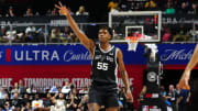 Jul 13, 2024; Las Vegas, NV, USA; San Antonio Spurs forward Harrison Ingram (55) gestures after scoring against the Portland Trail Blazers during the first quarter at Thomas & Mack Center.