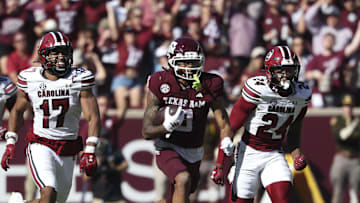 Nov 15, 2025; College Station, Texas, USA; Texas A&M Aggies wide receiver Ashton Bethel-Roman (3) runs with the ball during the third quarter against the South Carolina Gamecocks at Kyle Field. Mandatory Credit: Troy Taormina-Imagn Images