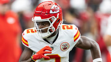 Aug 9, 2025; Glendale, Arizona, USA; Kansas City Chiefs wide receiver Tyquan Thornton (2) against the Arizona Cardinals during a preseason NFL game at State Farm Stadium. Mandatory Credit: Mark J. Rebilas-Imagn Images