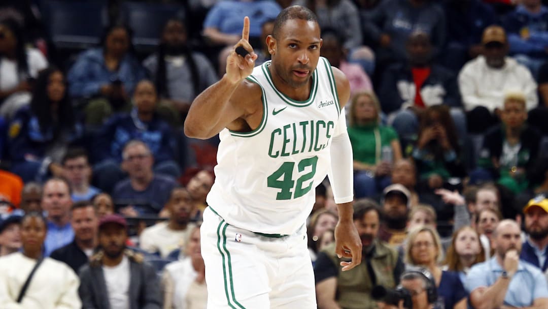 Mar 31, 2025; Memphis, Tennessee, USA; Boston Celtics center Al Horford (42) reacts after a basket during the fourth quarter against the Memphis Grizzlies at FedExForum. Mandatory Credit: Petre Thomas-Imagn Images