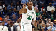 Mar 31, 2025; Memphis, Tennessee, USA; Boston Celtics center Al Horford (42) reacts after a basket during the fourth quarter against the Memphis Grizzlies at FedExForum. Mandatory Credit: Petre Thomas-Imagn Images