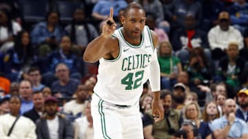 Mar 31, 2025; Memphis, Tennessee, USA; Boston Celtics center Al Horford (42) reacts after a basket during the fourth quarter against the Memphis Grizzlies at FedExForum. Mandatory Credit: Petre Thomas-Imagn Images