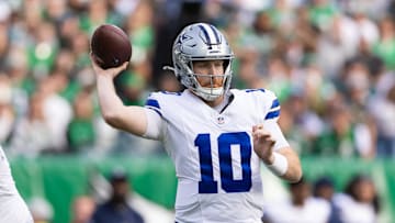 Dec 29, 2024; Philadelphia, Pennsylvania, USA; Dallas Cowboys quarterback Cooper Rush (10) passes the ball against the Philadelphia Eagles during the second quarter at Lincoln Financial Field. Mandatory Credit: Bill Streicher-Imagn Images