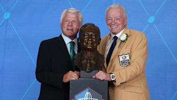 Aug 5, 2017; Canton, OH, USA;  Dallas Cowboys owner Jerry Jones poses with Cowboys former head coach Jimmy Johnson (left) during the Professional Football HOF enshrinement ceremonies at the Tom Benson Hall of Fame Stadium. Mandatory Credit: Charles LeClaire-Imagn Images